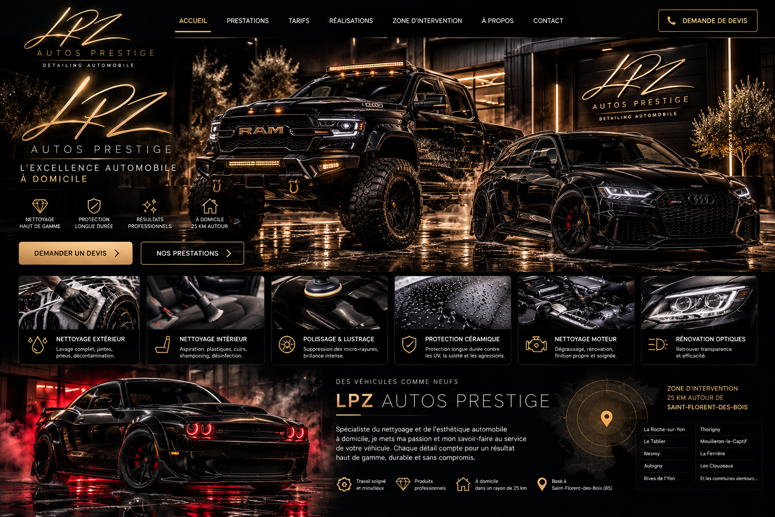 Univers visuel LPZ Autos Prestige avec RAM 1500 tout-terrain, Audi RS6 noire et Dodge Charger Demon
